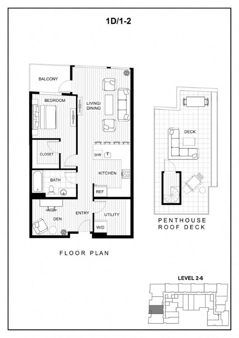 Floor plan for 1 bed, 1 bath, 874 sqft